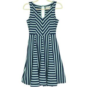 Anthropologie Saturday Sunday Striped Fit & Flare Dress, Navy & Mint, XS, V-Neck